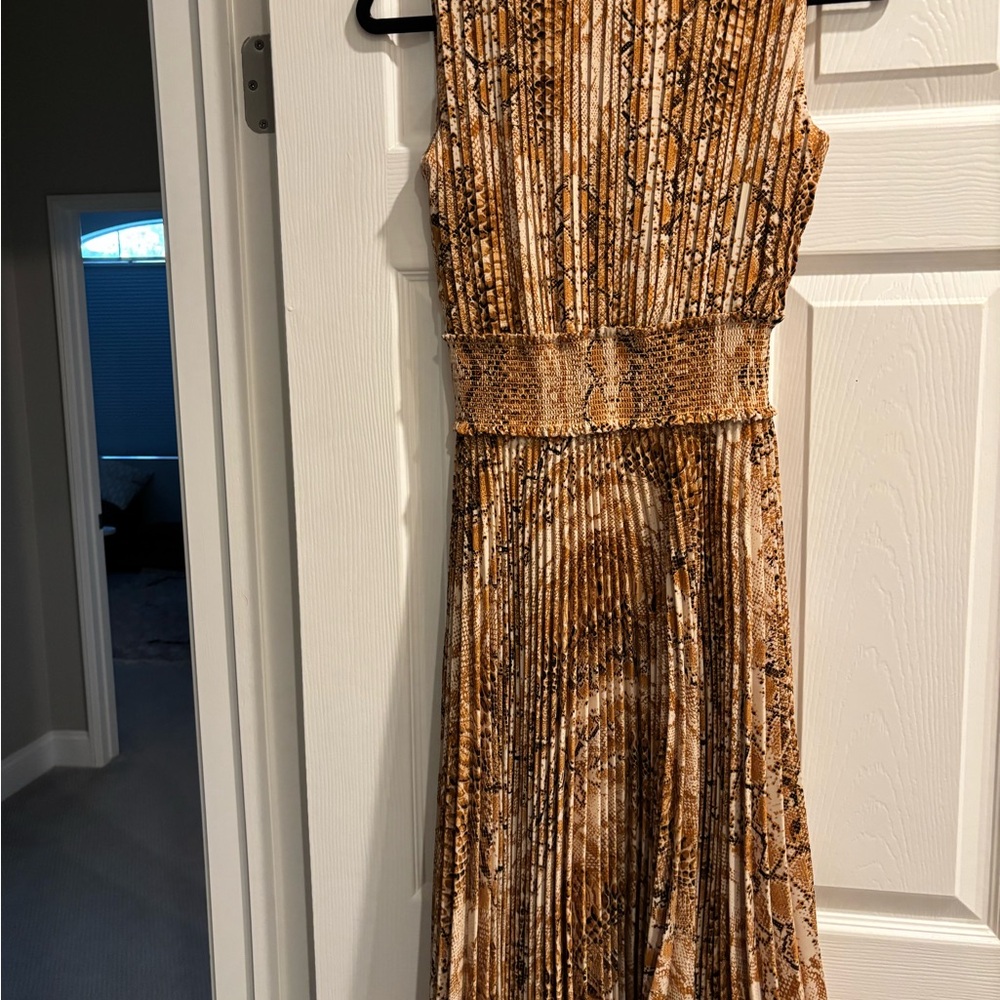 Nanette Lepore Gold Pleated Sheath Midi Dress